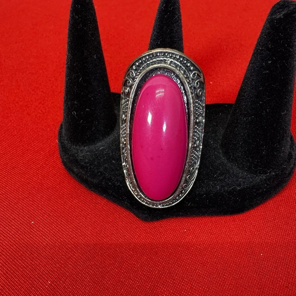 Chunky Silvertone Adjustable Ring With Large Faux‎ Pink Stone